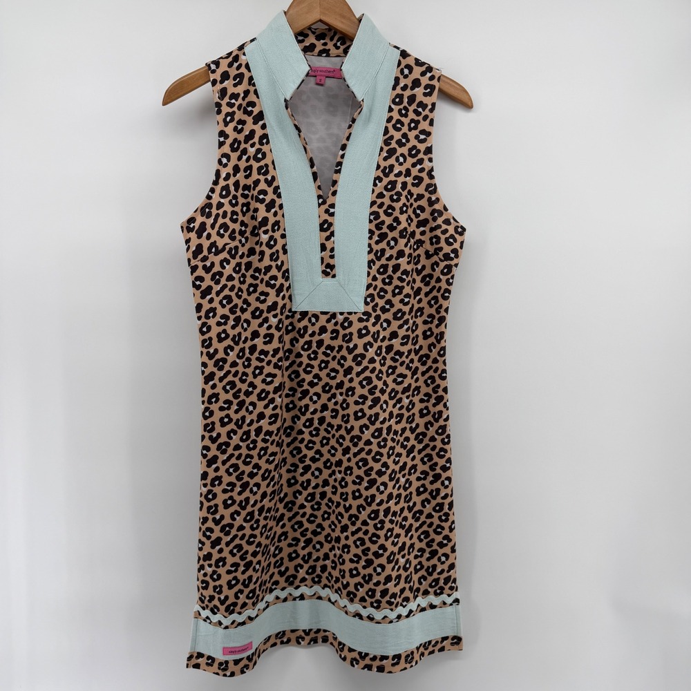 Simply Southern Leopard Print Sleeveless Shift Dress Mint Green Trim Women Small